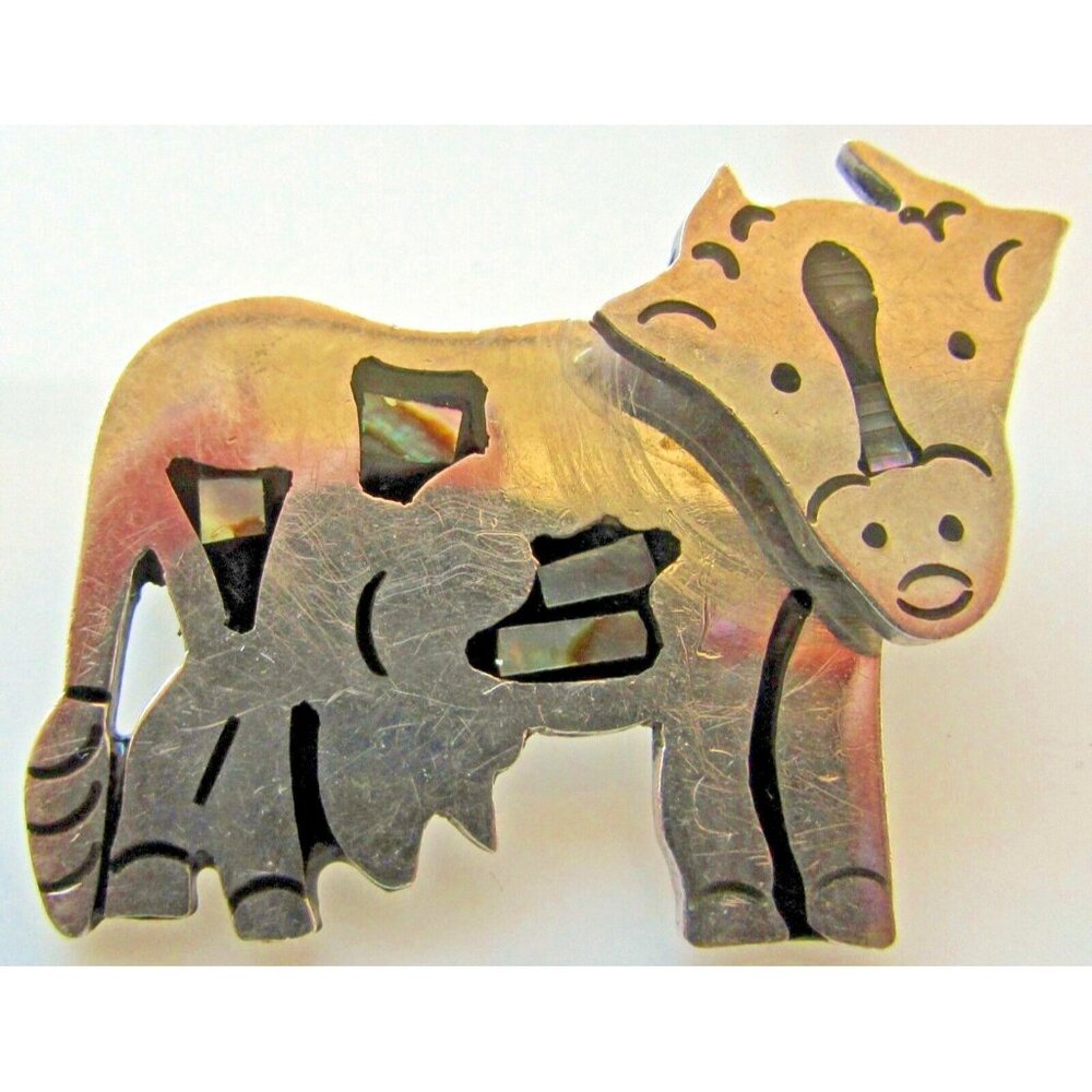 Taxco Sterling Silver Cow Brooch Pendant  Abalone Black Inlay Articulate